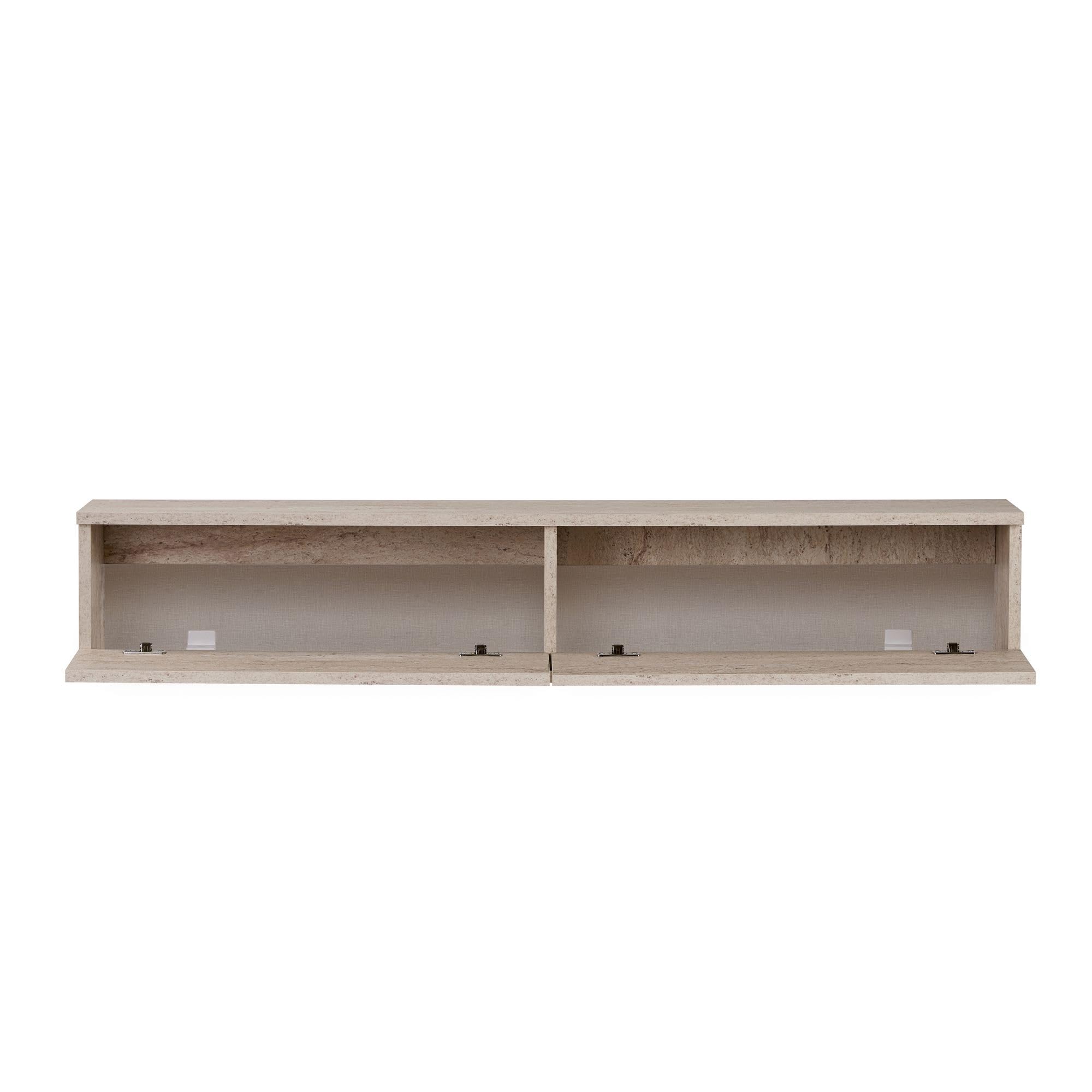 Hanah Home Elegante soporte de TV con aspecto travertino, 140 x 25 x 25 cm, tablero de partículas resistente con revestimiento de melamina, incluye soporte de pared, diseño moderno, capacidad de carga