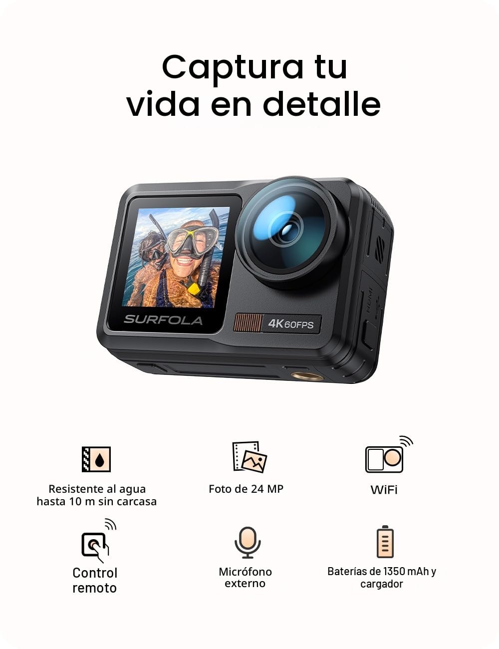 Surfola SF630 Cámara Deportiva 4K 60FPS, subacuática 40M Impermeable de Metal Desnudo 10M, WiFi, para Casco EIS, Videocámara de Pantalla Dual con 2 Baterías x1350mAh