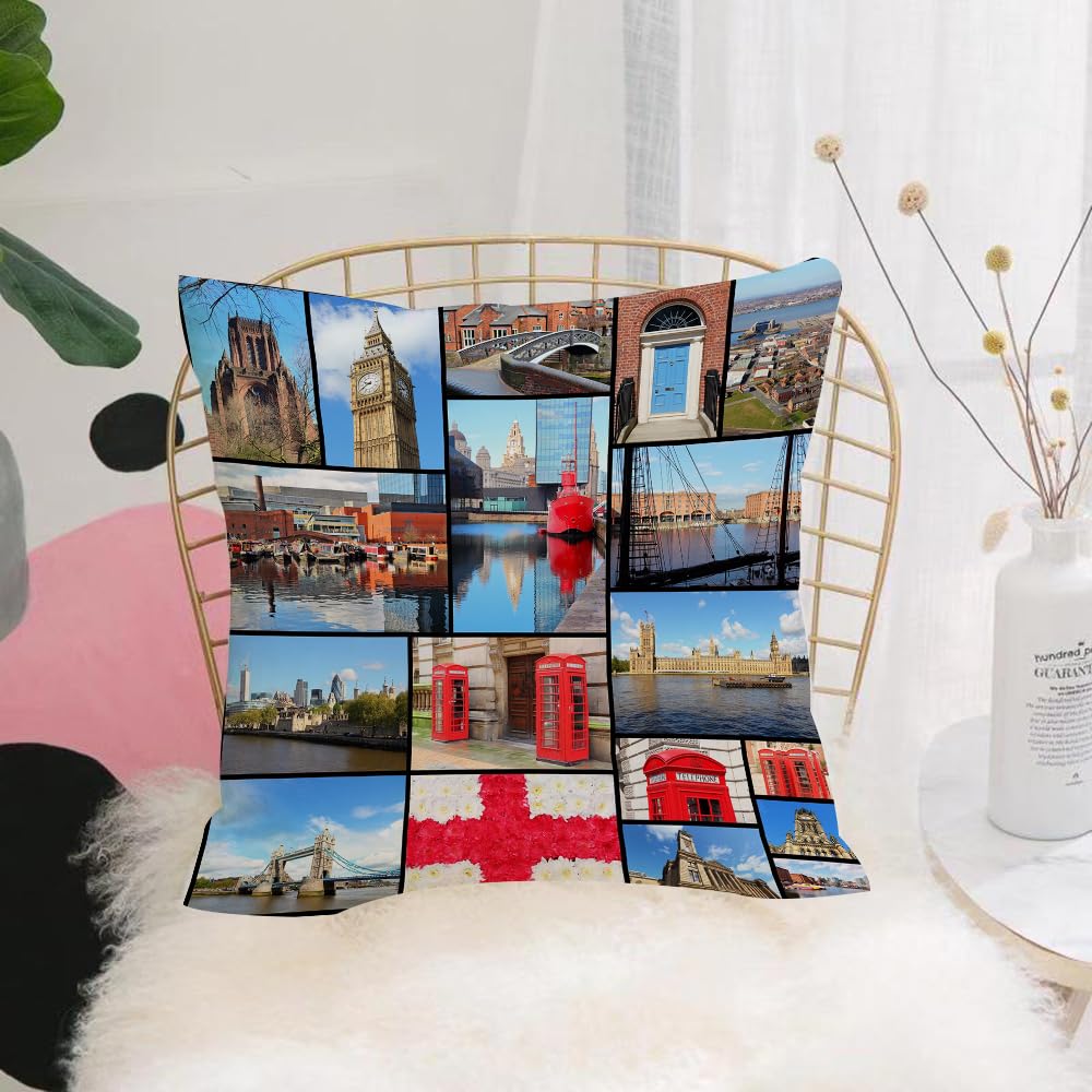 HYOSXW Cushion Cover,Throw Pillow Case Home Decorative for Living Room Bedroom Sofa Chair 16X16 Inch,England,England City Red Telephone Booth Clock Tower Bridge River British Flag,Pillowcase 40X40cm