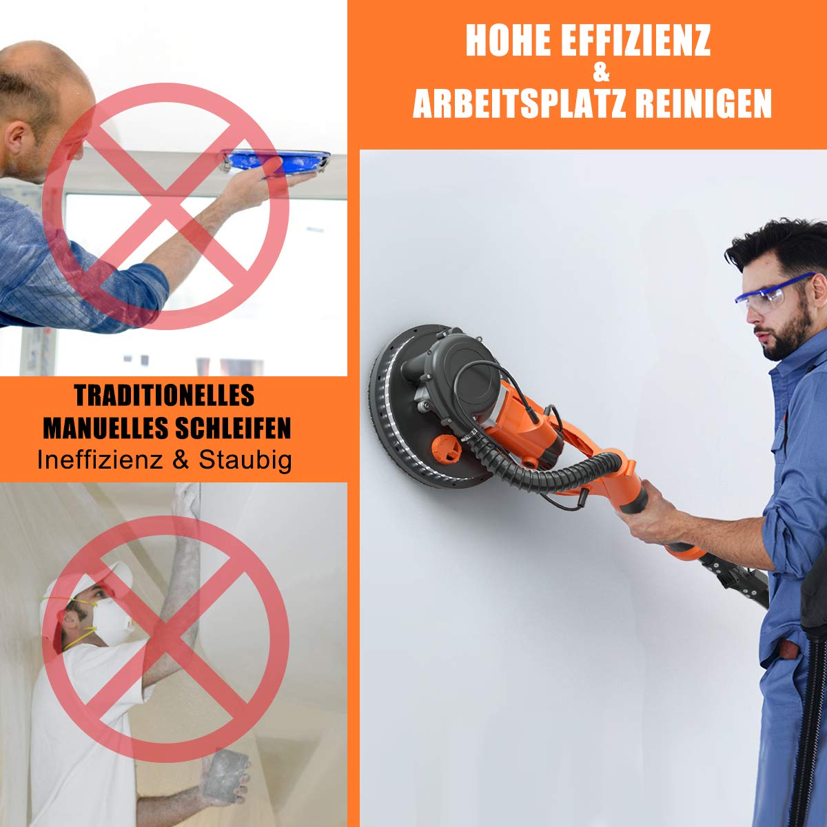 COSTWAY Szlifierka do płyt gipsowo-kartonowych, system zbierania kurzu, szlifierka ścienna, 750 W, 800-1750 obr./min, Ø 225 mm, 12 tarcz szlifierskich, światło LED