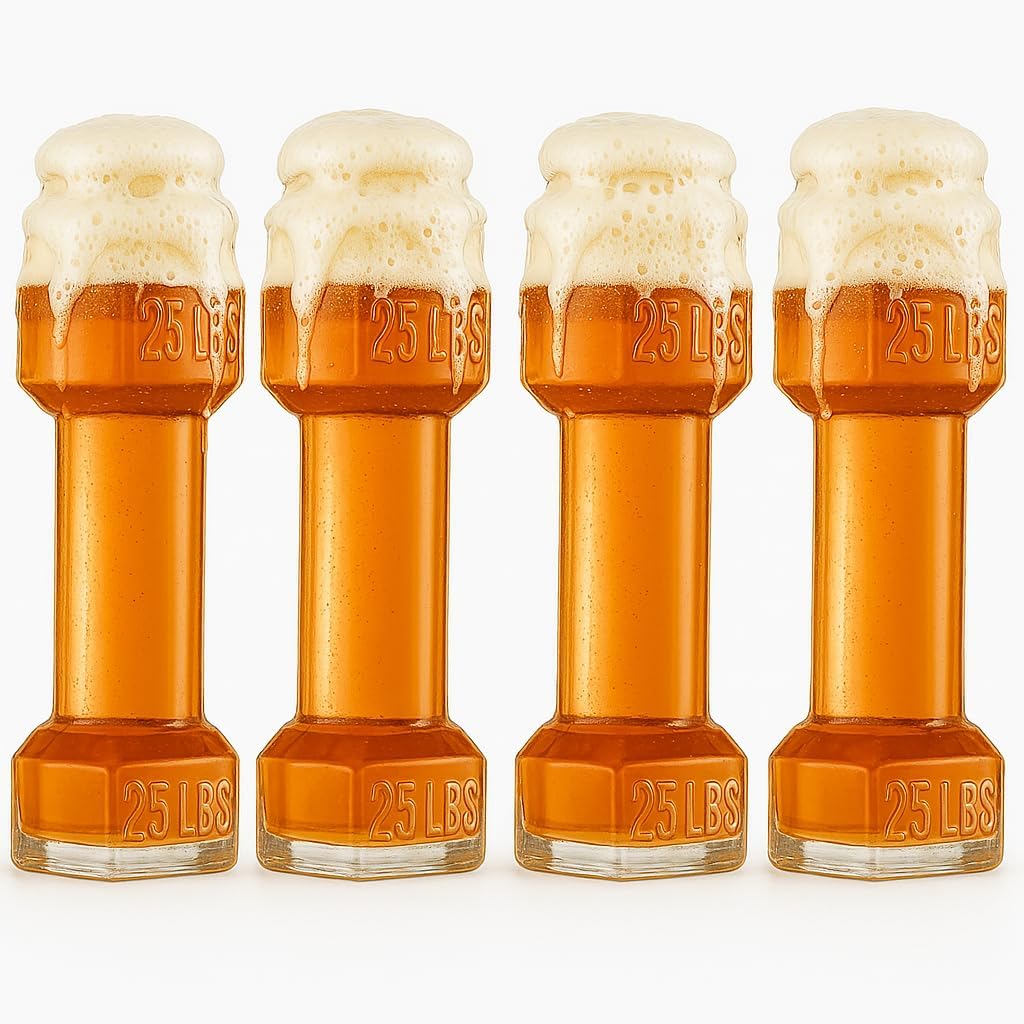 Dumbbell Beer Glasses, Giant Lifting Beers 26oz Glass | Large Weightlifting to Scale Funny Beer Mug | Birthday, Christmas Men & Women, Dad Cool Whiskey & Water Glasses Perfect, Gifts - 4 Set