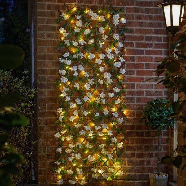 Garden Mile Solar LED Expanding Trellis - 180cm Expandable Wooden Lattice Trellis Panel with Artificial Flowers & LED Lights - Decorative Outdoor Privacy Screen For Climbing Plants & Garden Lighting