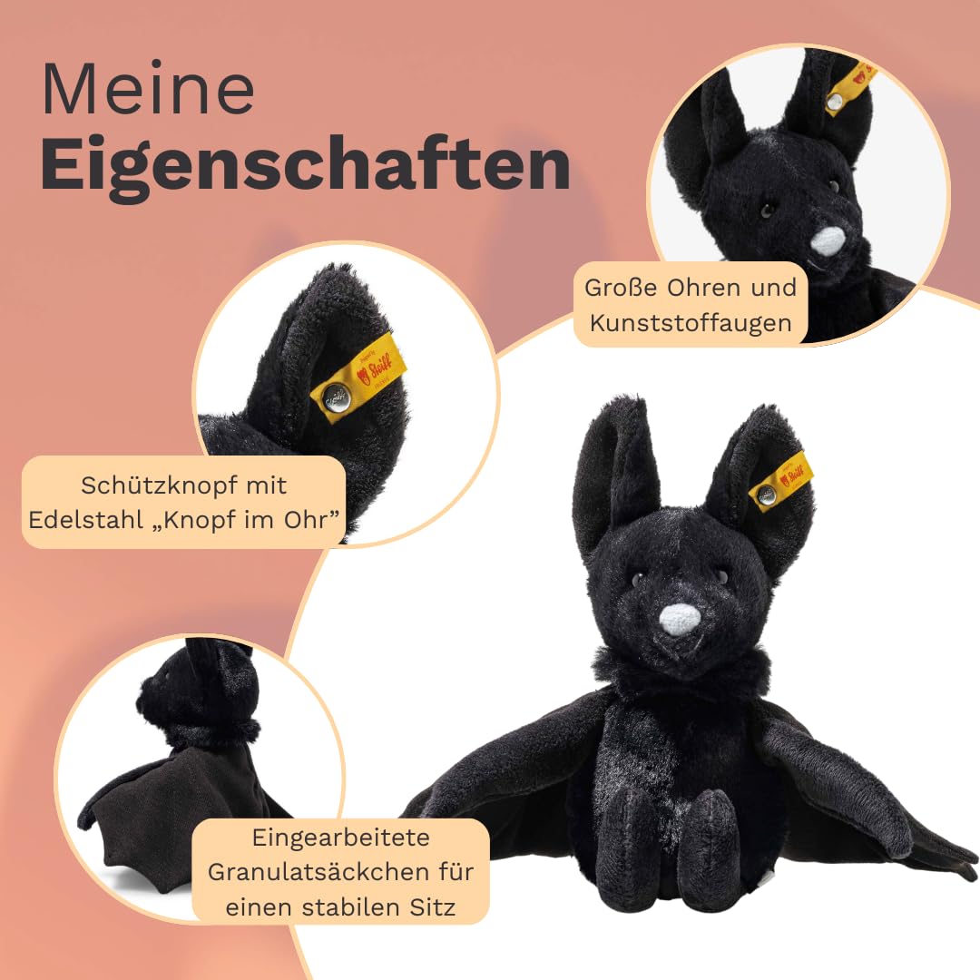 Steiff Kuscheltier Boris Fledermaus, Süßes Stofftier, Kinder, Jungen & Mädchen, Friends, Plüschtier 18 cm, Klein, Schwarz, 056604