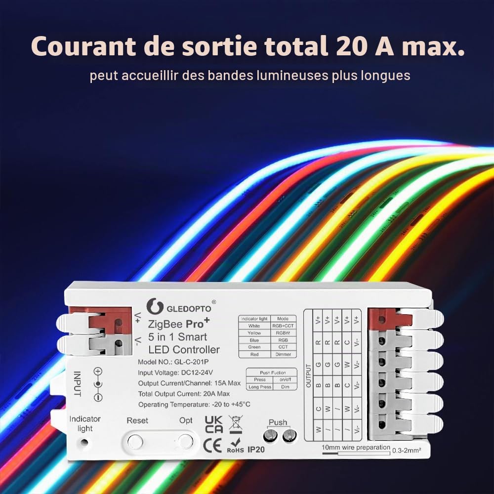 GLEDOPTO ZigBee 3.0 Pro+ Contrôleur LED 5 en 1/3 en 1 20 A Max RGBCCT/RGBW/RGB/CCT/Variateur Fonctionne avec Alexa H*ue Tuya Smart Life APP Control (Contrôleur LED 201p-5 en 1)