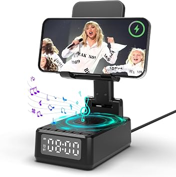 Birthday Gifts for Men Women, Cell Phone Stand with Bluetooth Speaker, Wireless Charging Phone Stand with Alarm Clock for iPhone, Stereo Sound Foldable Adjustable Desk Bedside Holder for Home Office
