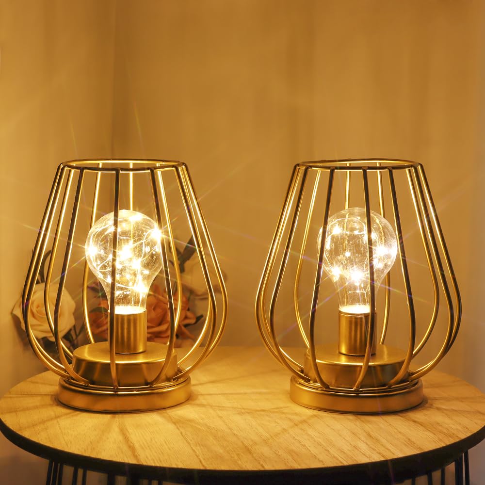 Lampada Da Tavolo Retrò A Batterie - Ferro E Metallo Con Gabbia E Lampadina LED Edison - Luce Notturna Senza Fili Per Campeggio E Comodino