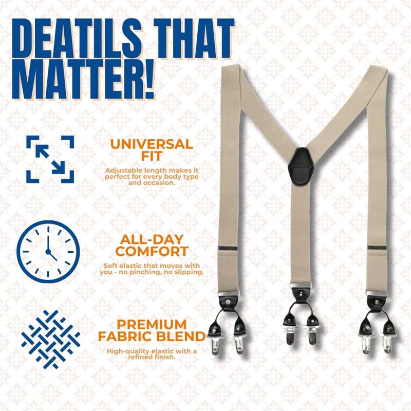 Image of The Tie Hub Suspenders for Men | Slim Clip-On Y-Back Elastic Braces | Adjustable 1.25 Inch | Formal Wedding Office