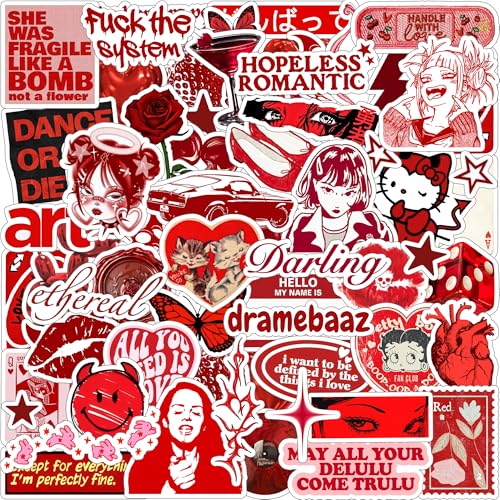 Image of Red Aesthetic Sticker Pack (55+ Pieces) | Bold Red Vibes | Glossy Premium Vinyl | Waterproof, Scratch & Fade Resistant | Stickers for Laptop, Bottle, Phone & Bike