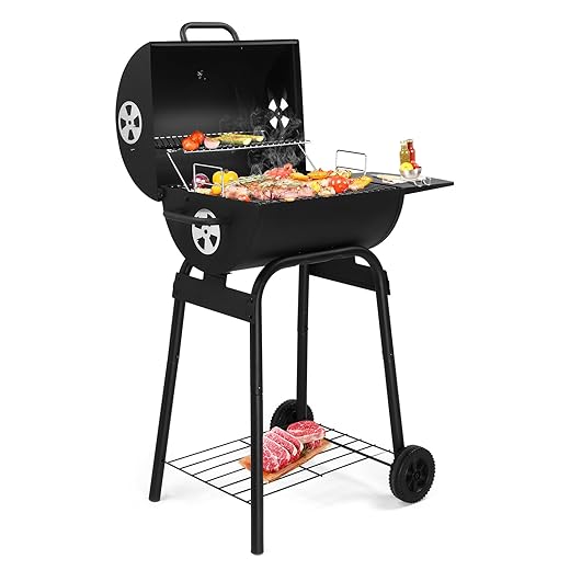VINGLI Barrel Charcoal Grill with Side Table, BBQ Grill Outdoor Smoker Grill with Wheels for Party Garden Patio and Backyard Cooking 33.9"D x 20.5"W x 40.6"H