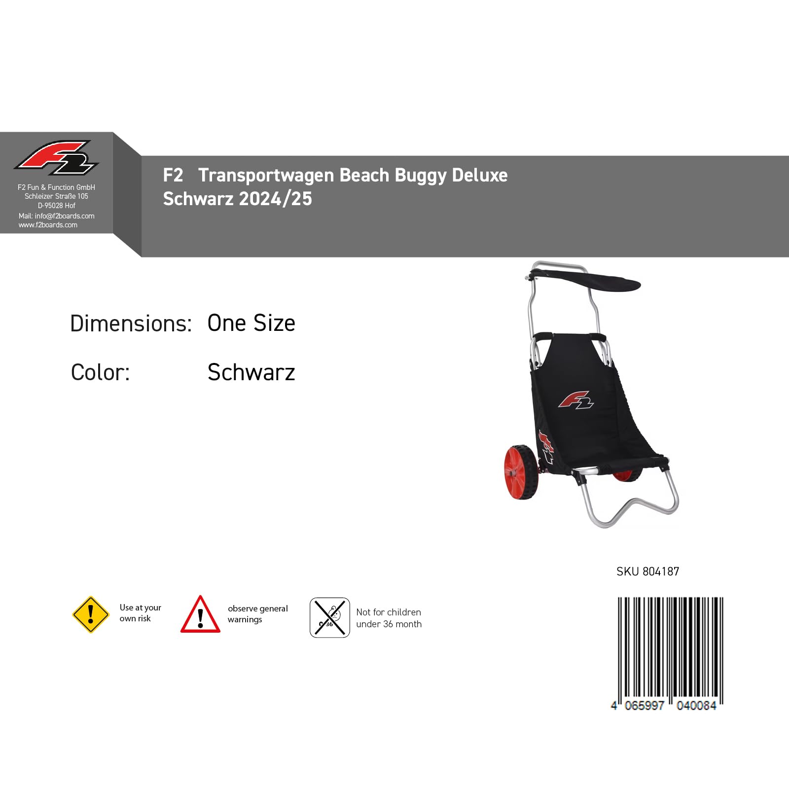 F2 Transportwagen Beach Buggy Deluxe Schwarz SUP Wagen Sitz Windsurf Transport Strandwagen