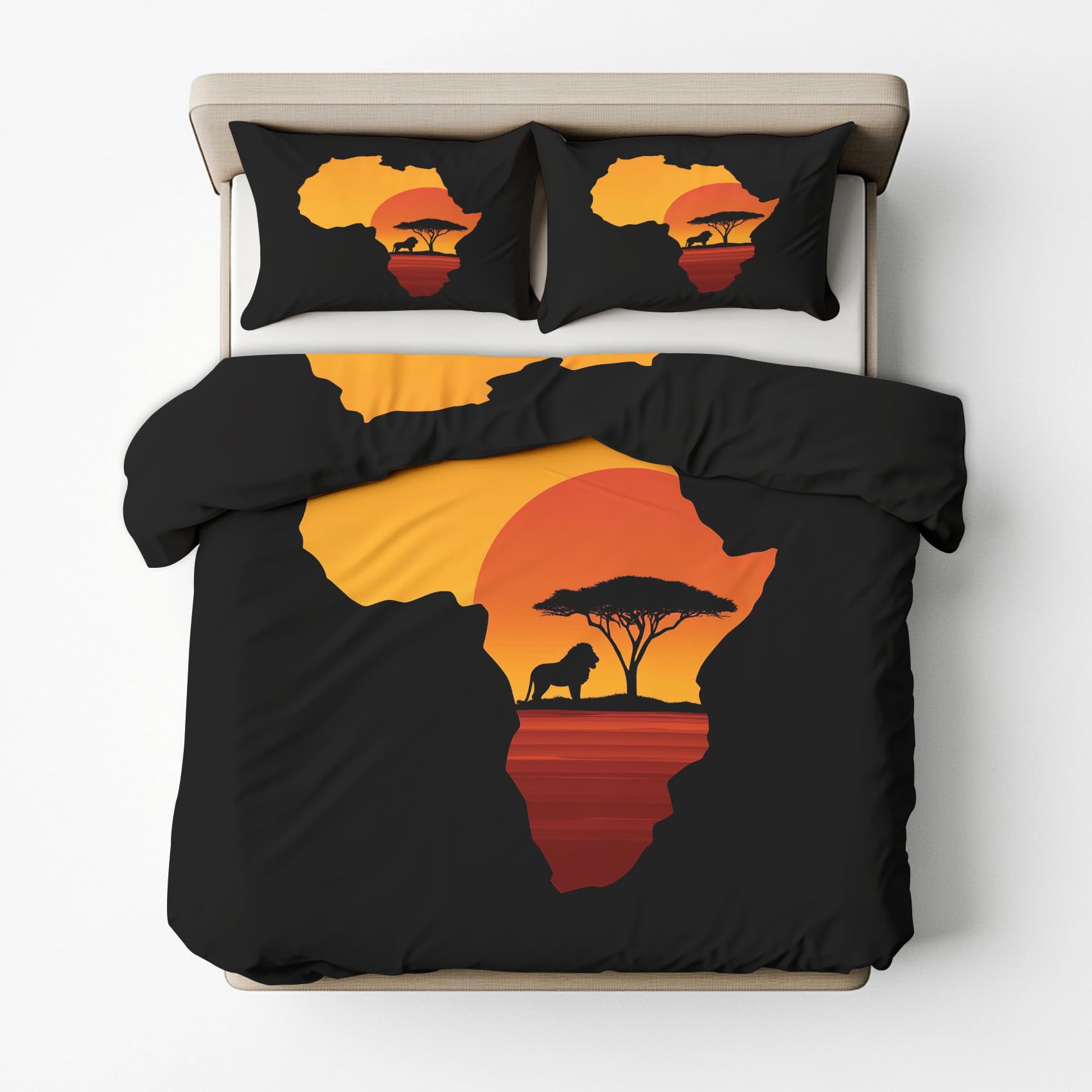 Bettwäsche 200x220 Afrikanische Sonnenuntergang Design, 3teilig - Afrikanische Safari Wildtier Bettbezug und 2 Kissenbezug 80x80, Wendebettwäsche, Schlafzimmer Deko, mit Reißverschluss SD-1325