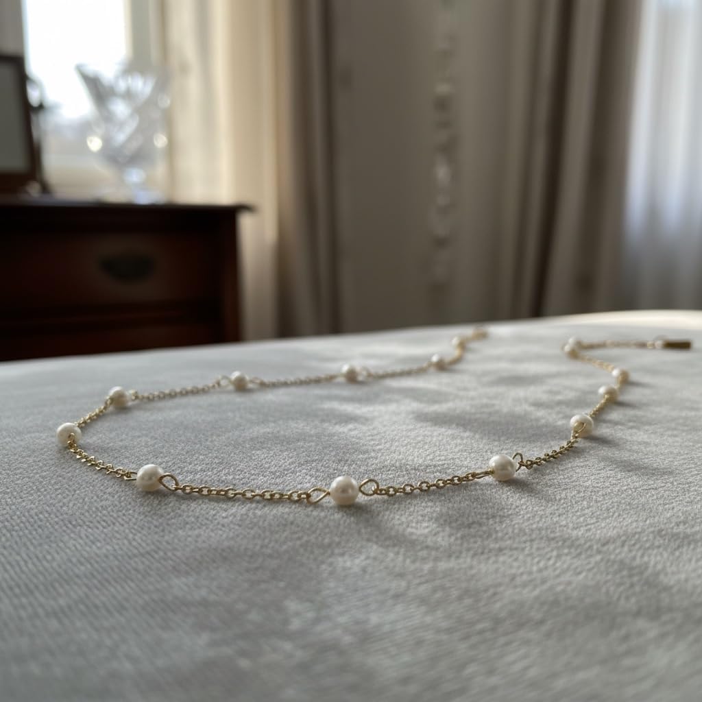 Elegant Pearl Station Necklace, 18K Yellow Gold Plated over Stainless Steel Chain with Freshwater Pearls, Delicate Choker Style for Women, Special Occasion Jewelry, Casual Necklace, 17-Inch Length with a 2-Inch Extension, Tarnish Resistant - Image 5