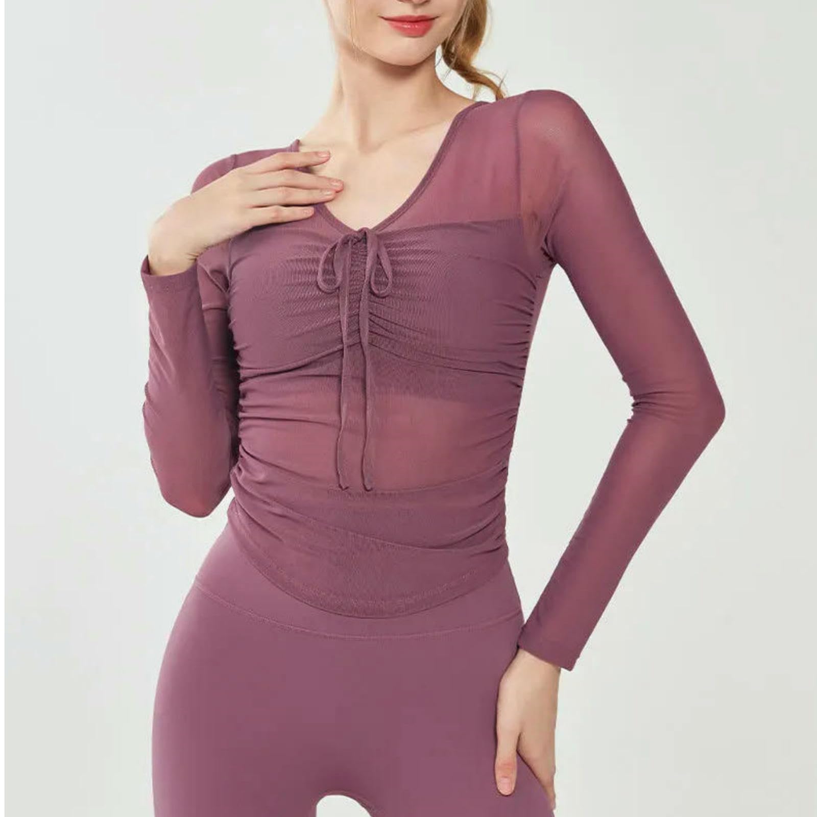 Top Deportivo Mujer Top Deportivo De Manga Larga para Mujer con Copas De Sujetador Y Cuello En V con Cordón Ajustable, Ideal para Practicar Deporte