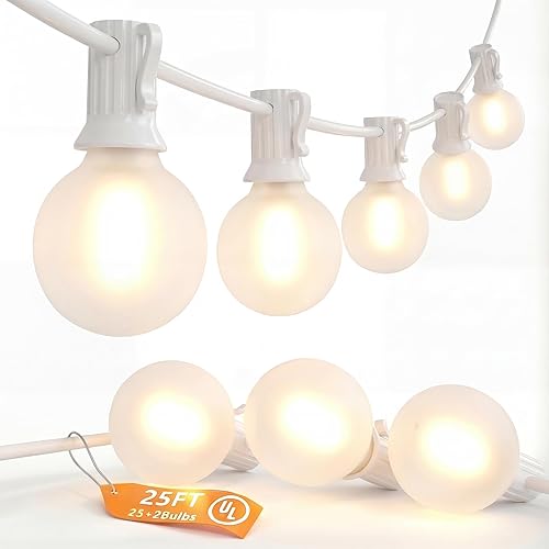 SUNSGNE Guirnalda de luces LED G40 de 25 pies para exteriores con 27 bombillas blancas esmeriladas inastillables (2 de repuesto), luces colgantes al