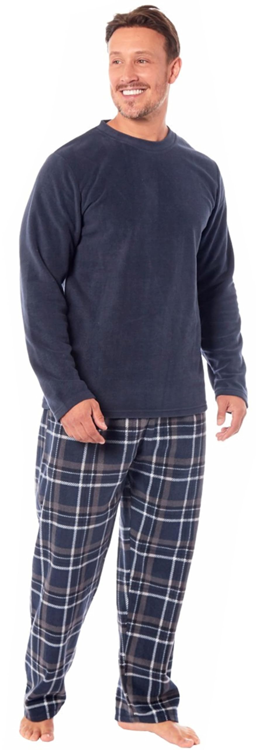 Michael Paul Men's Check - Navy Soft & Cosy Fleece Pyjamas | Warm Pj Set Nightwear Sleepwear Loungewear Modern Set With Check Bottoms | Soft Twosie Pyjama Set For Gifts For Him Navy L