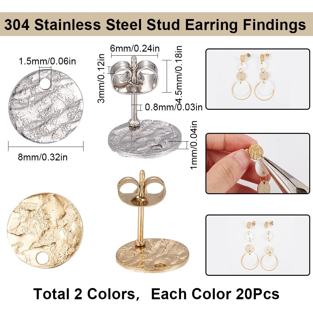 SUNNYCLUE 1 Box 80Pcs 20 Pairs Flat Round Earring Posts Stainless Steel Earring Post with Loop Silver Gold Ear Studs Blank Stud Findings for Jewelry Making Accessories DIY Crafts 1.4mm