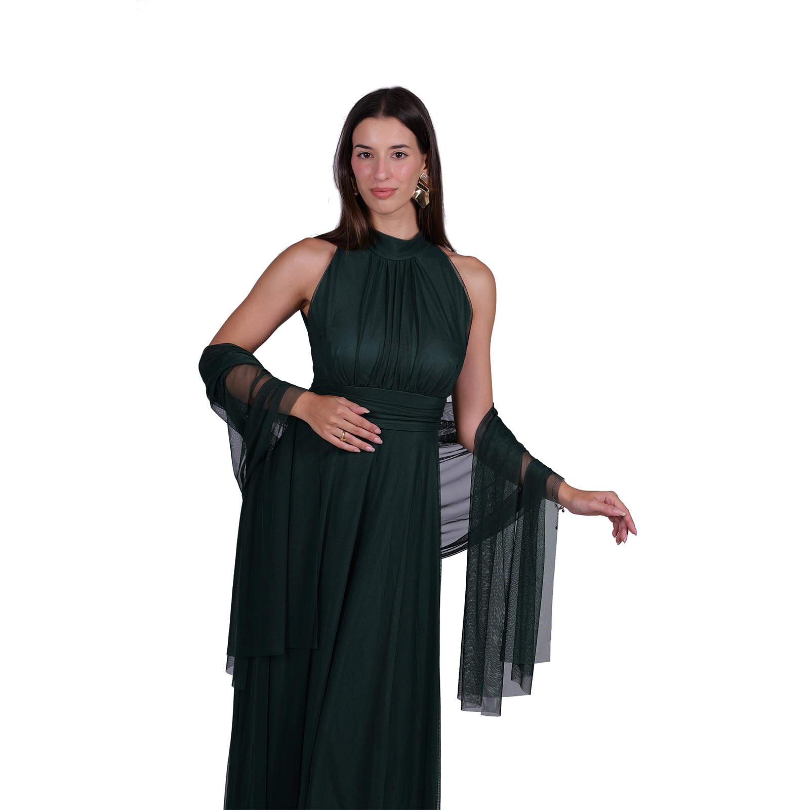 Abito Lungo Elegante Donna con Stola Coordinata – Collo Alto Senza Maniche, Linea Fluida in Tulle – Vestito da Cerimonia Made in Italy