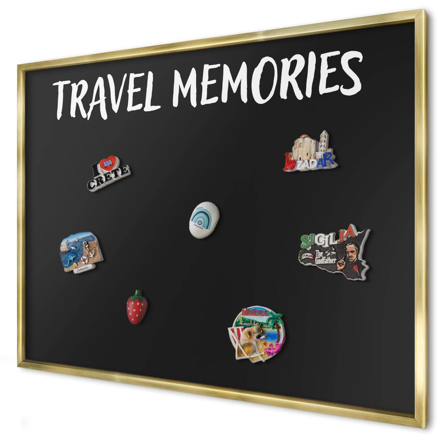 Pizarra Magnética de Pared 100x70 cm | con Marco Dorado | Travel Memories | Montaje Fácil | Tablero Imantado | Para Imanes Turísticos, Recuerdos de Viaje y Fotos | Decoración para Salón o Pasillo