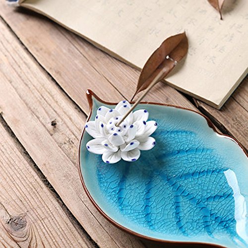 Corciosy Incense Holder For Sticks-Ceramic Decorative Lotus Incense Burner Leaf-Incense Ash Catcher Tray Sky Blue #TOP3