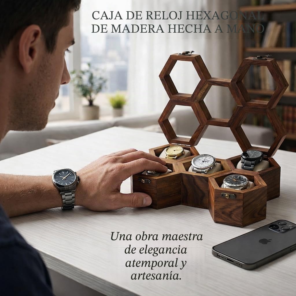 Royal Craft Expertise Caja organizadora de relojes de madera para hombre, 5 ranuras, caja de reloj de lujo de panal | Caja de exhibición de madera de palisandro oscuro y vidrio | Elegante caja de