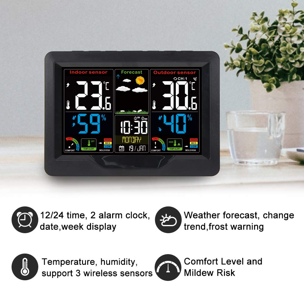 Stacja pogodowa Cyfrowa termometr Higrometr Indoor Temperatura zewnętrzna Miernik wilgotności LCD Wyświetlacz kolorowy wyświetlacz czujnika(3pcs sensors)