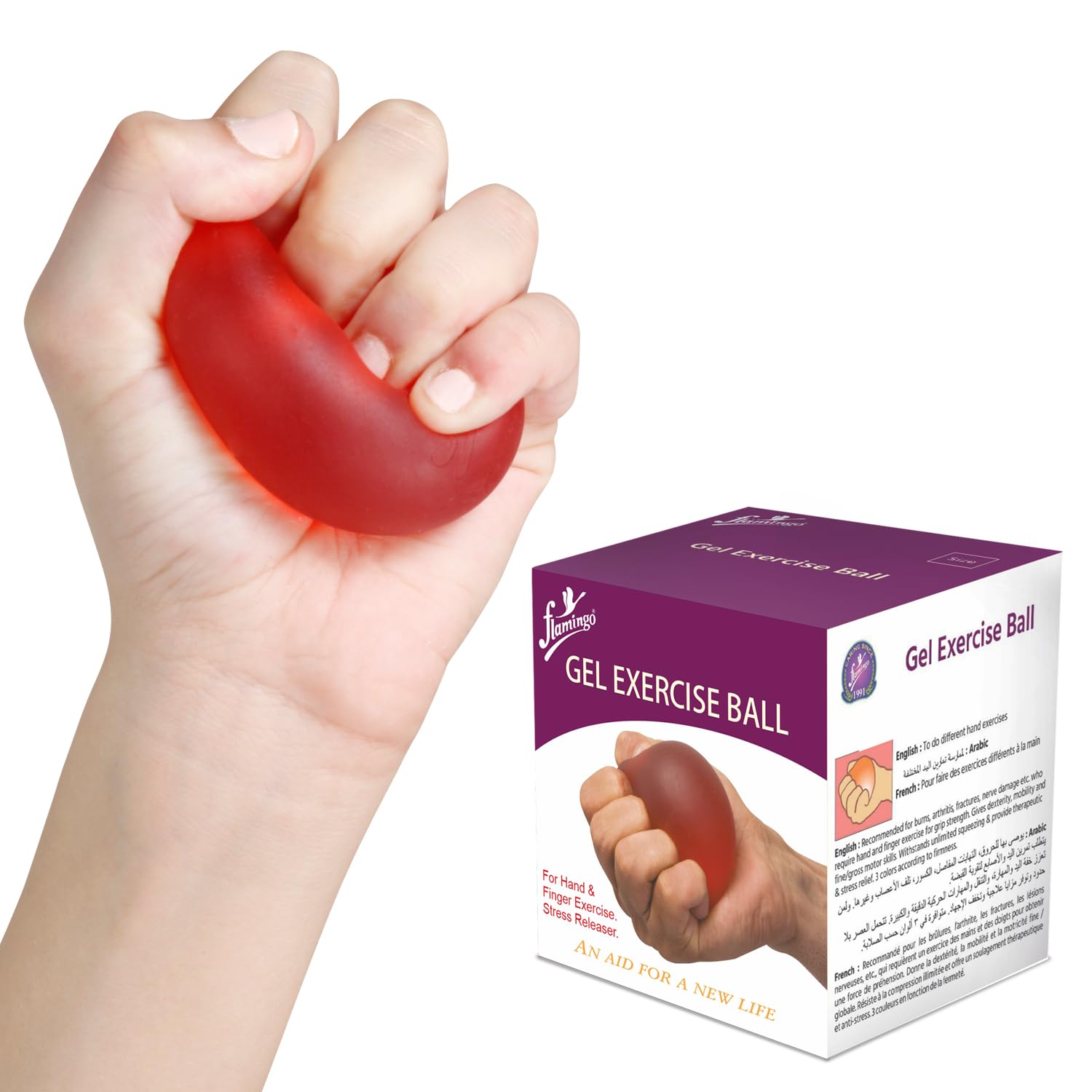 Flamingo Gel Exercise Ball for Hand, Grip Muscle Strengthening,Stress Relief, Arthritis, Finger, Wrist, Carpal Tunnel & Pain Relief | Color-Medium-Red | Size-Universal |