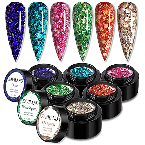 Saviland Glitter Gel Nail Polish Set - 6 Colors Big Glitter Gel Polish Kit Popular Sequins Nail Gel for Professional Manicure Nail Design Kit for DIY at Home