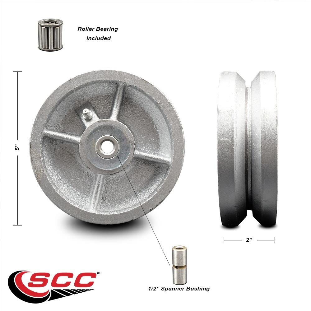 Service Caster 5inches x 2inches Semi Steel Cast Iron V-Groove Wheel Only with Roller Bearing - 1/2inches Bore - 1100 lbs Capacity per Wheel - Service Caster Brand