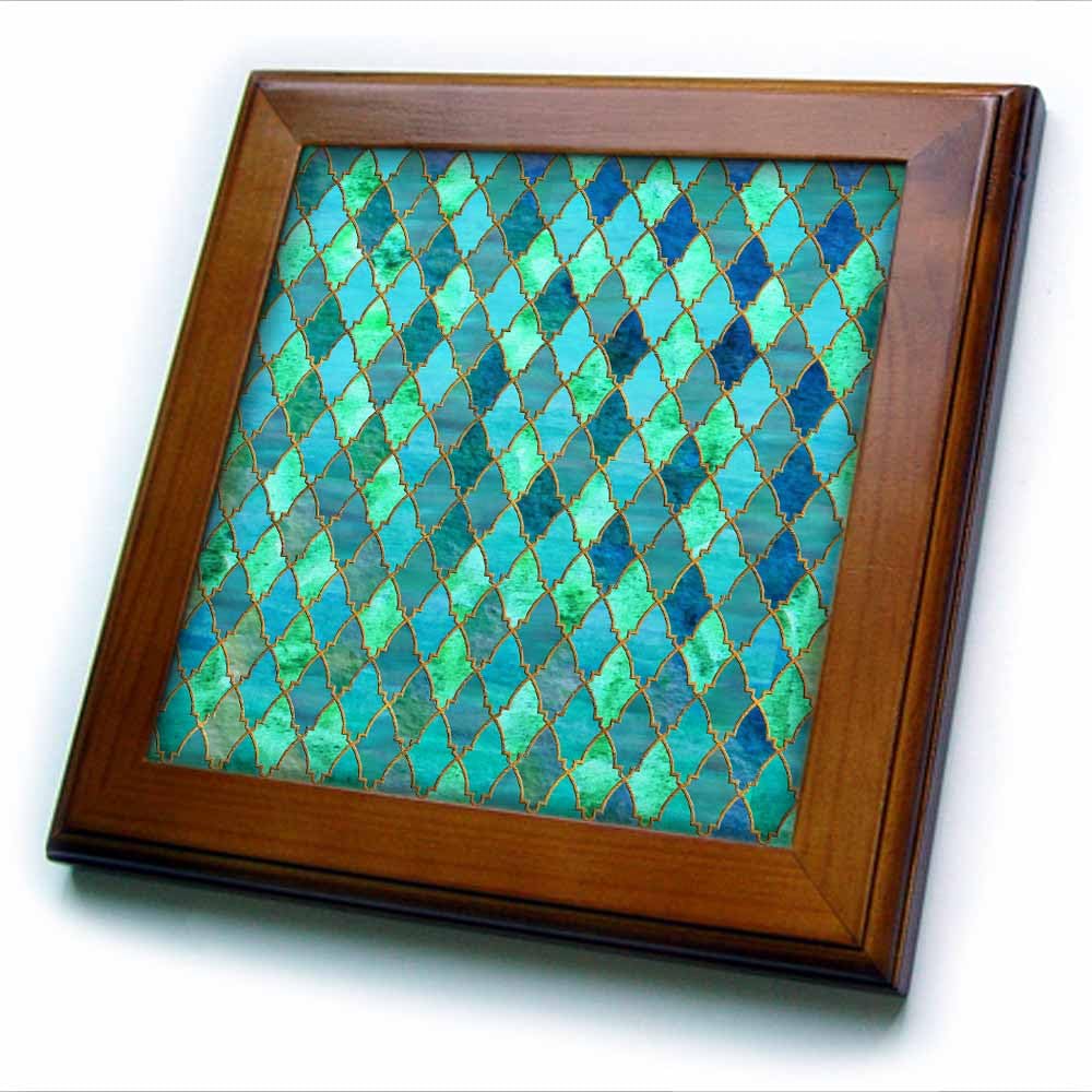 3dRose Luxury Trendy Gold Green Teal Moroccan Arabic Quatrefoil Pattern Framed Tile, 8 x 8