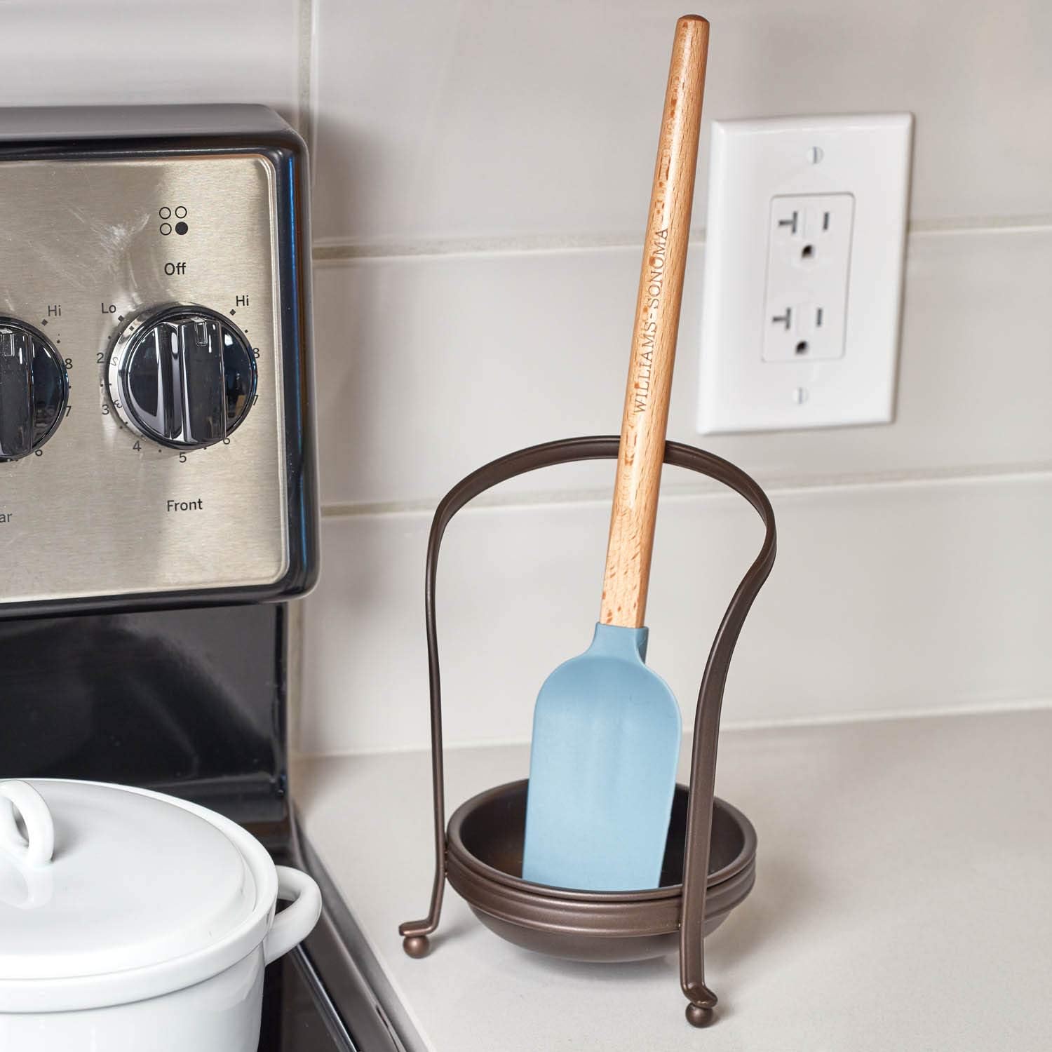 iDesign York Metal Standing Spoon, Spatula, Ladle Rest for Kitchen Countertops, Stove, 5" x 5" x 6.8", Bronze