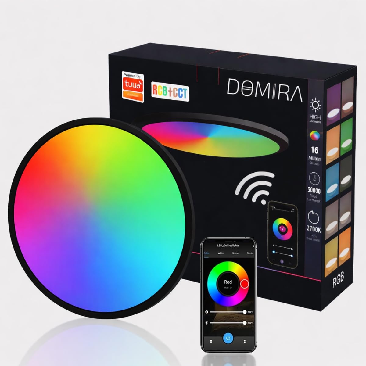 DOMIRA Smart Slim LED Ceiling Light 22W Ø30cm, Slim Edge WiFi Ceiling Lamp, RGB + 2700K-6500K Adjustable White, Alexa Google App Control, AC85-265V, Black Modern Flush (Without Remote)
