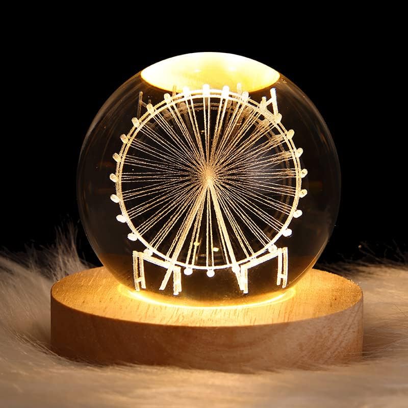 LouisaYork 3D Solar System Crystal Ball Night Light with Wood Base Clear Crystal Ball Night Lamp Fantasy Atmosphere Decoration Ball Nightlight for Home Office Living Room Bedroom
