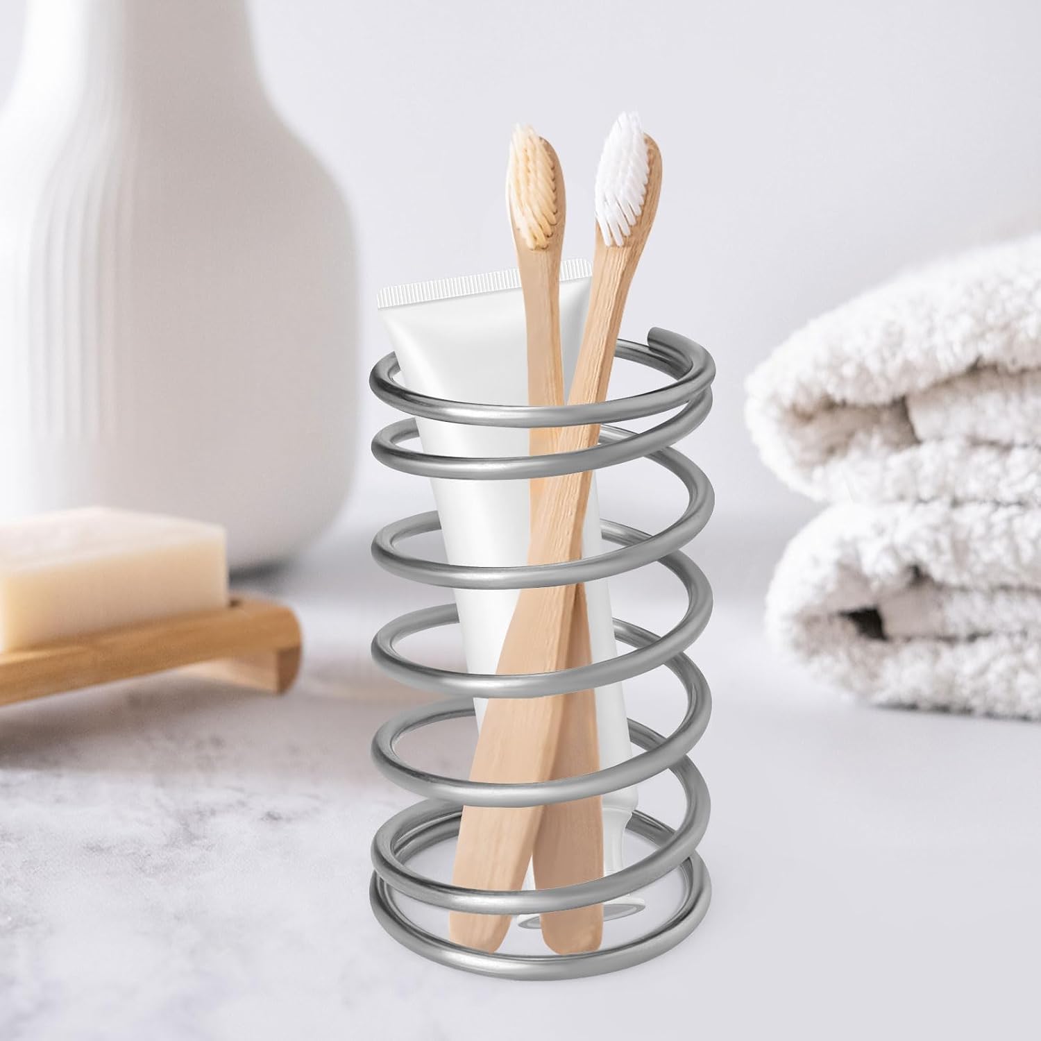 2 Pack Toothbrush Holder, Stainless Steel Spring Shape Toothbrush Stand Toothpaste Razor Storage, Pen Holder Makeup Brush Organizer for Bathroom Tabletop Dresser