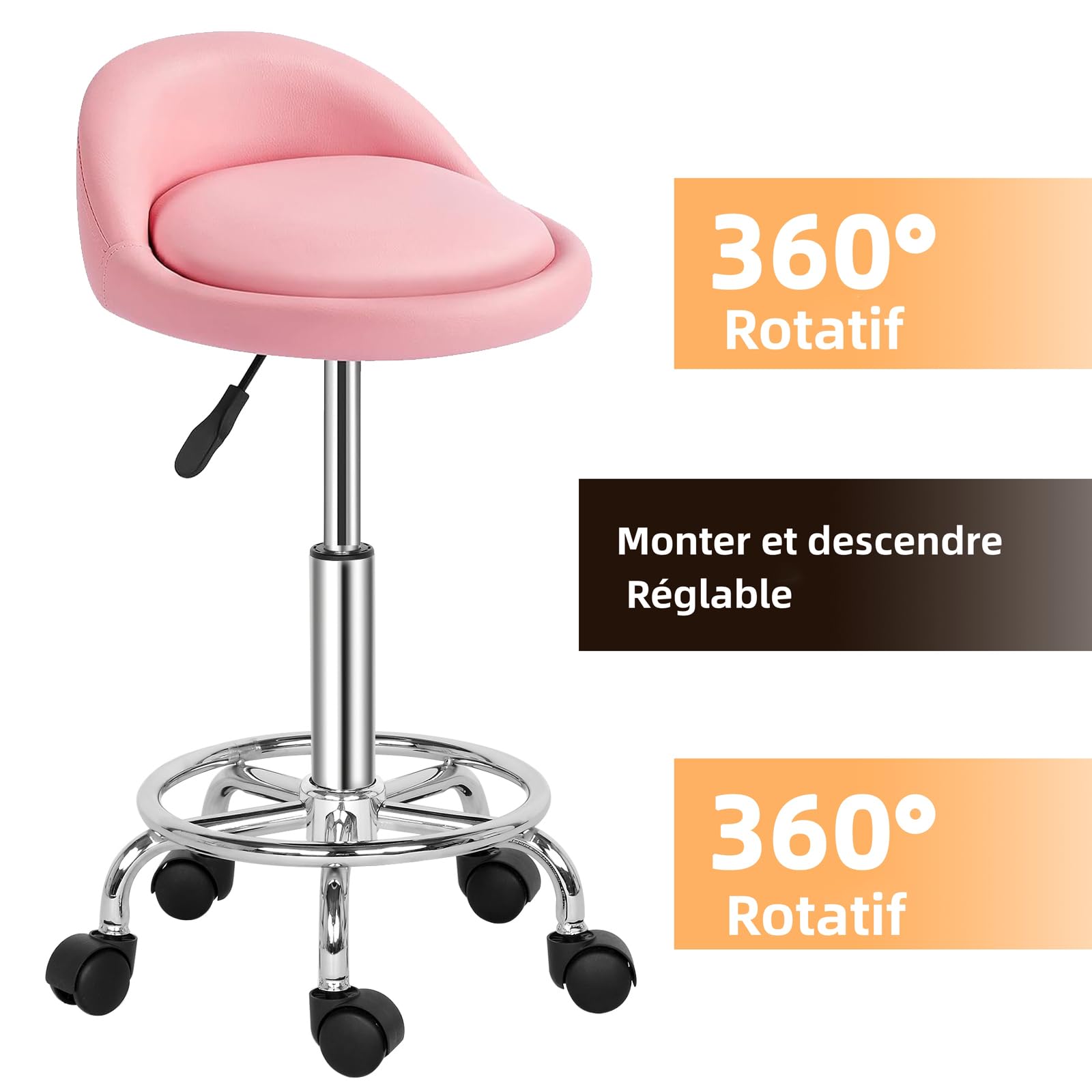Tabouret de Bureau,Tabouret Rond avec Dossier,Tabouret à roulettes Rotation à 360°Hauteur Réglable 49-64 cm,Tabouret Coiffeuse,pour Salon de Massage, Bureau,Clinique Rose