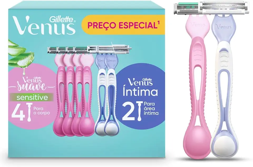 Kit Gillette Venus Aparelho de Depilação Descartável Suave Sensitive 4 Unidades + Aparelho de Depilação Íntima Feminino Descartável 2 Unidades