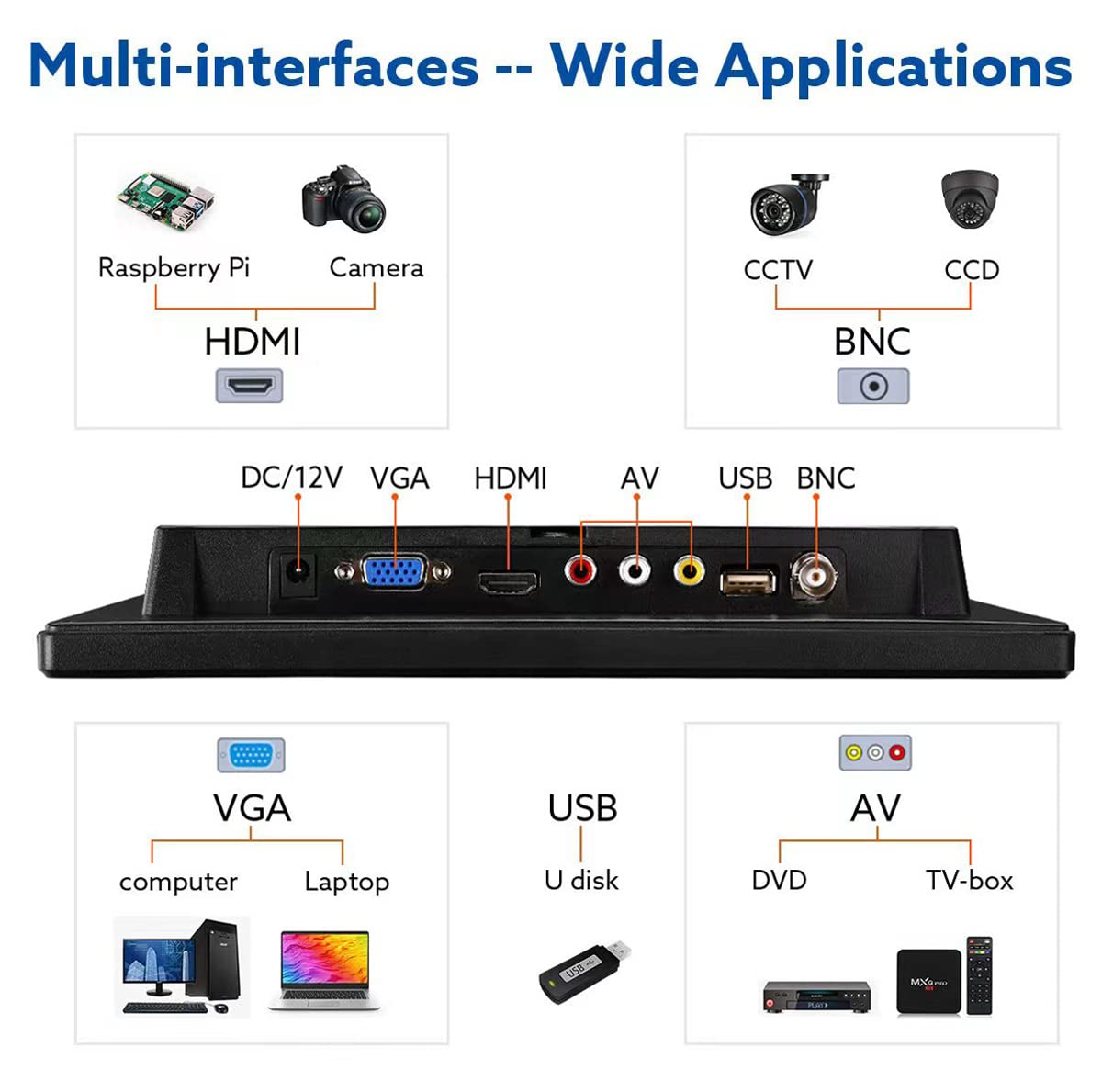 10.1 Pulgadas Pantalla de Monitoreo Soporta HDMI AV BNC VGA Interfaz de entrada USB Pantalla de la cámara Altavoz incorporado resolución de 1280 x 800