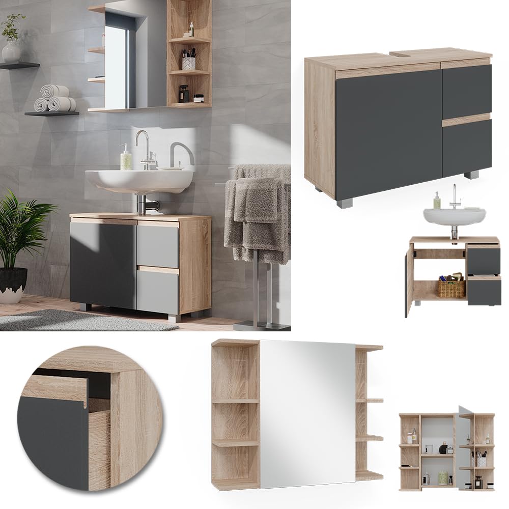 Vicco Set mobili bagno J-Shape, Sonoma, 80 cm, composto da specchio da bagno e mobile sottolavabo