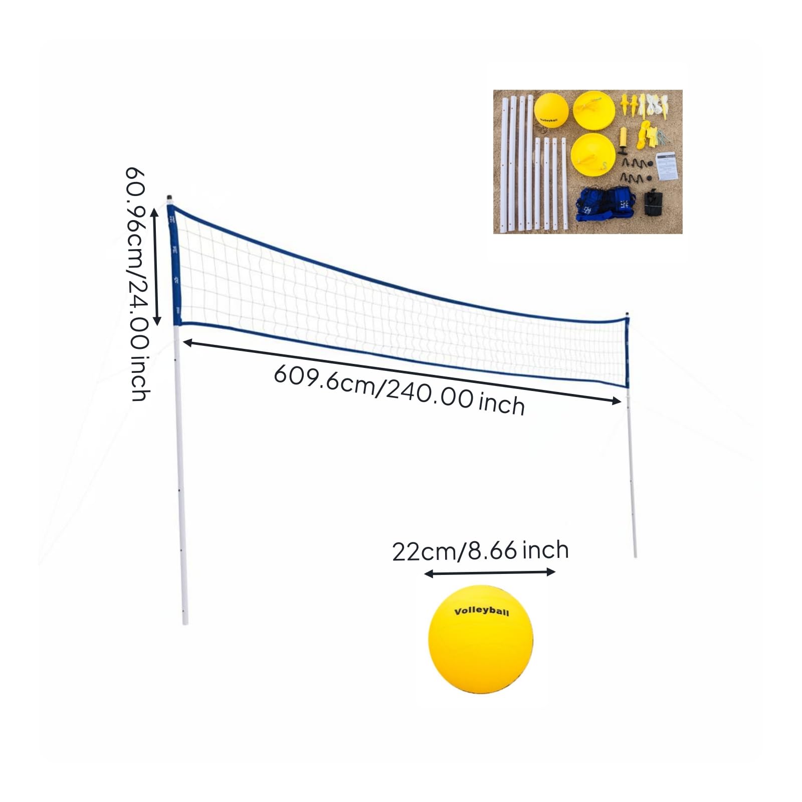 Portable Volleyball Net Filet Réglable Kit Complet avec Perches Ballon Pompe Cordages Piquets et Plaques Stable Matériaux PVC PP Adapté au Plein Air