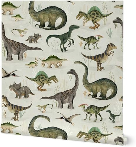 Spoonflower Papel tapiz para despegar y pegar de 12 x 2 pies  Dinosaurios grandes, verdes, niños, animales, grises, niños, ilustración de