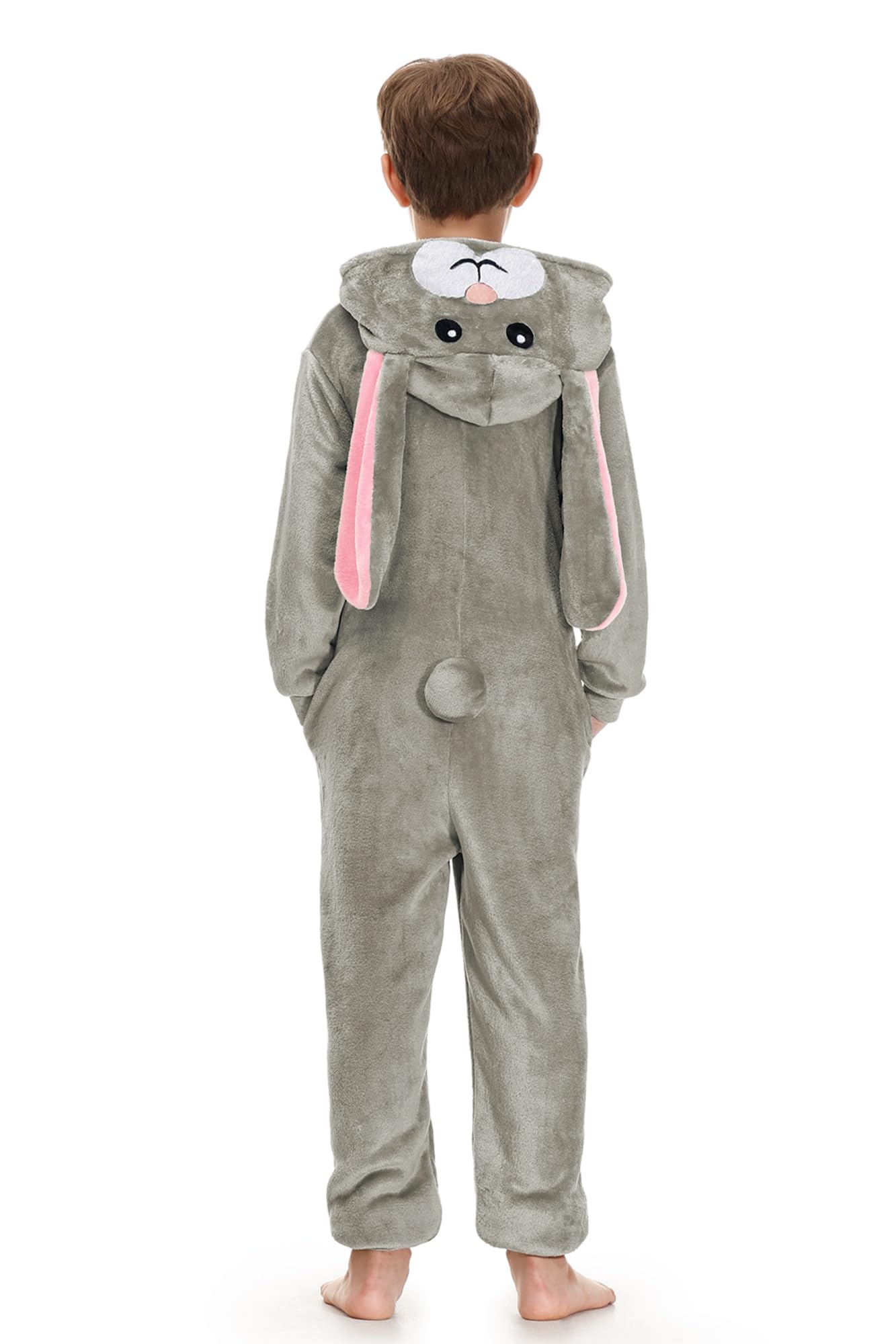 BesserBay Tuta intera unisex per bambini, con cappuccio, per Halloween, coniglietto peloso, 4-14 anni, Grigio | Tuta Coniglio, 8 anni