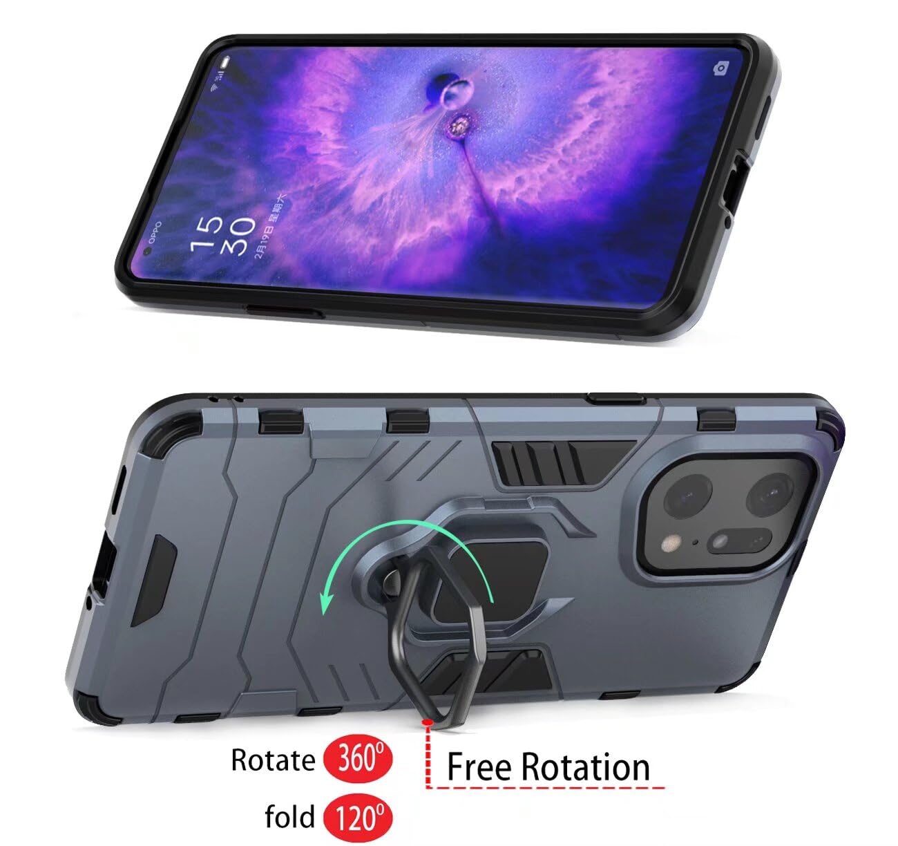 DERHAN Cover per Realme 7 Pro con Vetro Temperato, Custodia Protettiva Resistente Antiurto Robusta Case con Supporto Magnetico Rotante a 360° - Marino