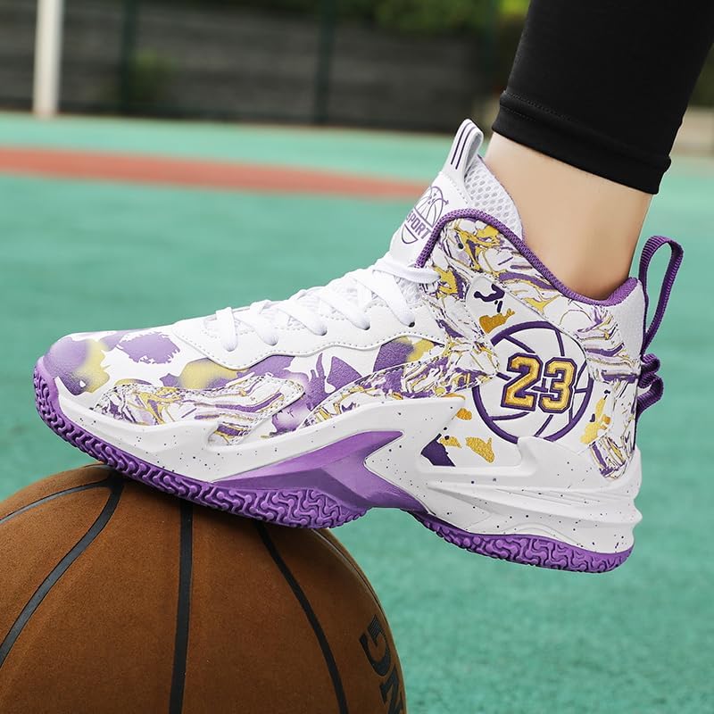 Kids Basketball Shoes, Leather Trendy Casual Sports Basketball Shoes Breathable Comfortable Boys Sneakers for Big Kids…