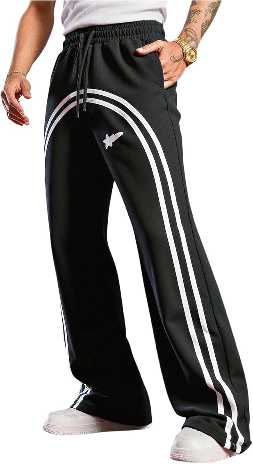 Boy's Striped Side Baggy Sweatpants Elastic Waist Wide Leg Stacked Sweat Track Pants