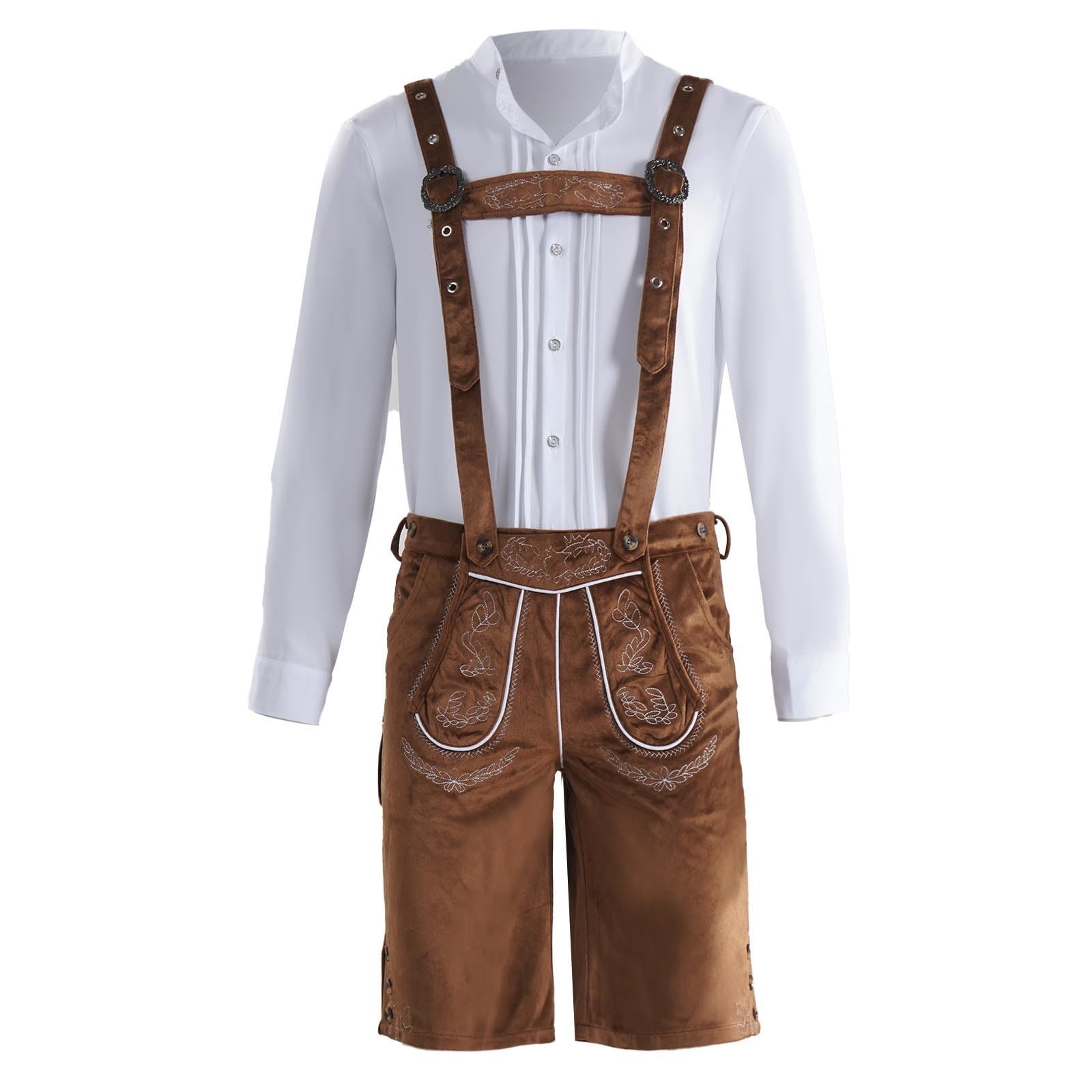 Lederhose Herren Tracht Set, Lederhosen Outfit Oktoberfest, Traditionelle Kniebundhose Lang+ Trachtenhemd Männer Trachtenhose M.träger Kariertes Deutsches Bayerisches Oktoberfest-Kostüm Set Für Herren