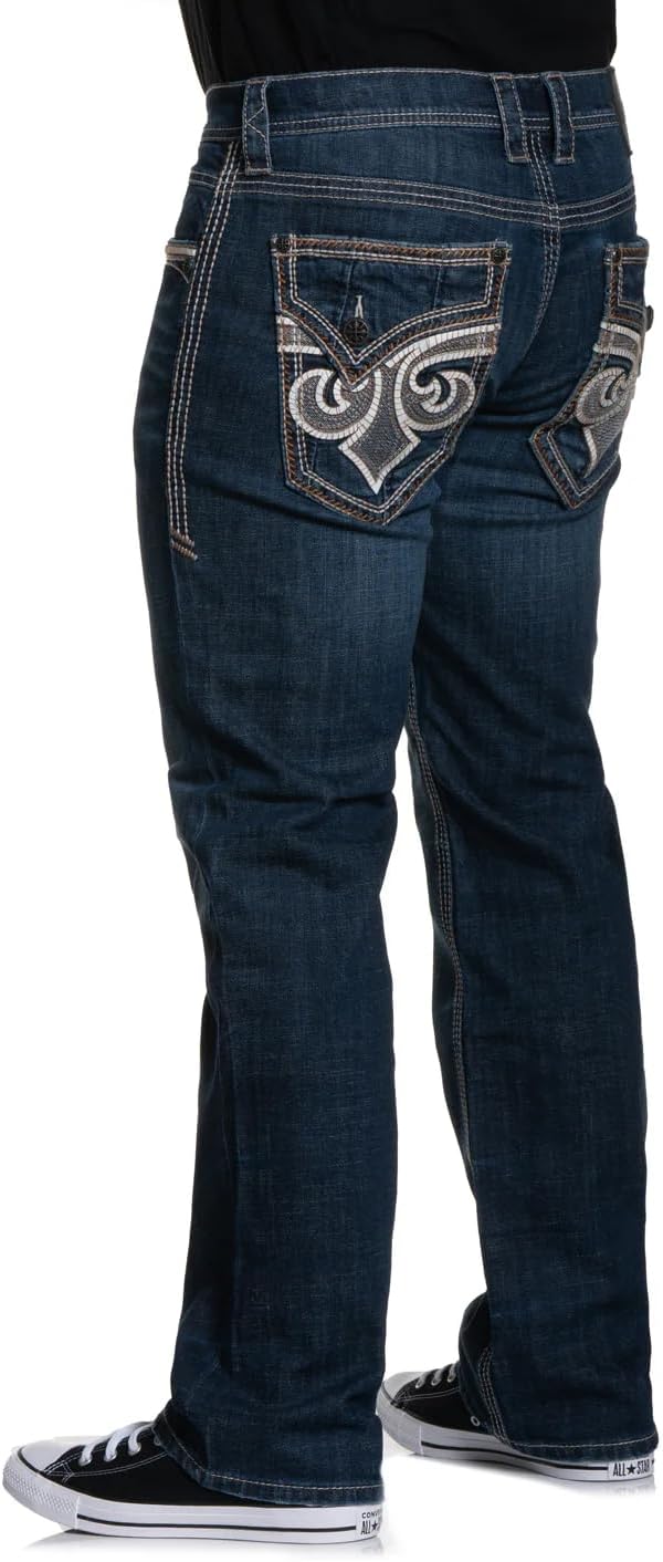 Affliction Men's Dark Wash Denim Jeans with Decorative Back Pockets, Straight Leg, Classic Fit