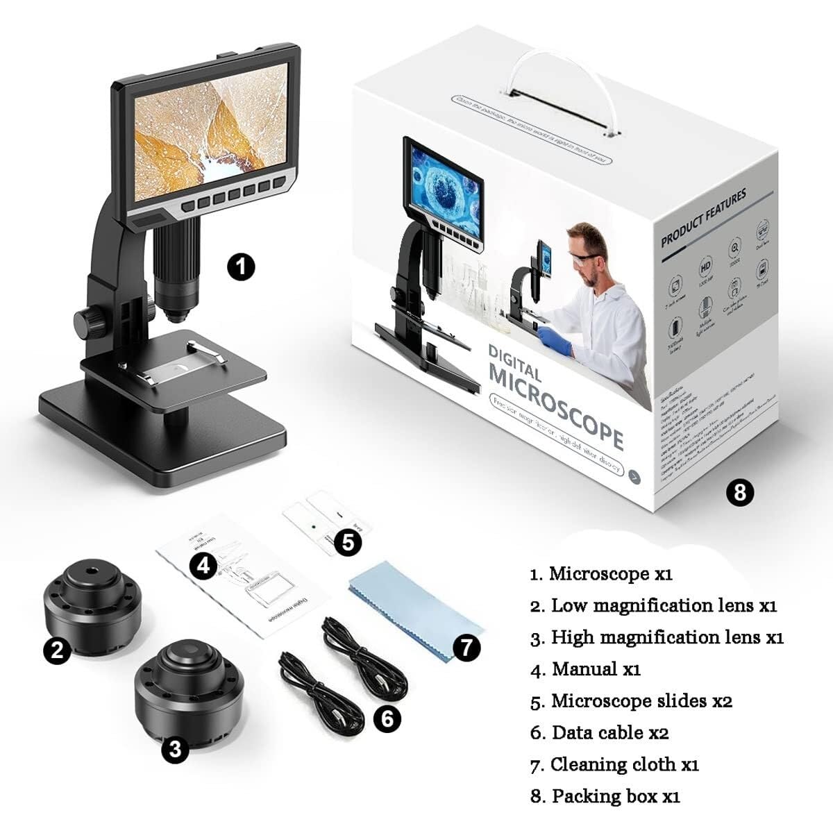 Microscopio biologico digitale 2000X con doppia lente, display IP da 7 pollici, 11 LED, video 1080p, per bambini e adulti, compatibile con più sistemi operativi