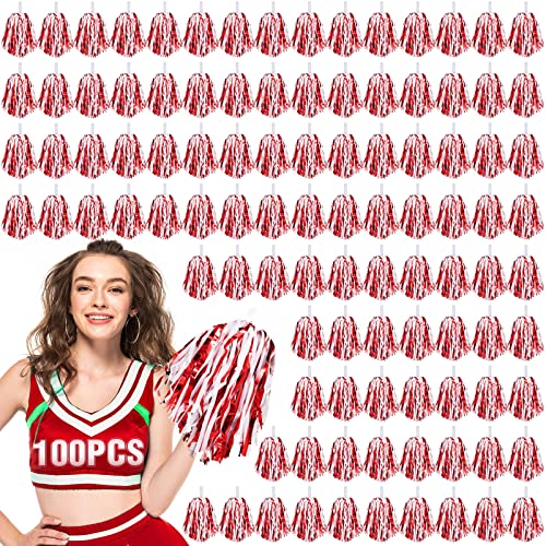 Hanaive 100pcs Metallic Cheerleading Pom Poms Bulk, Red and White
