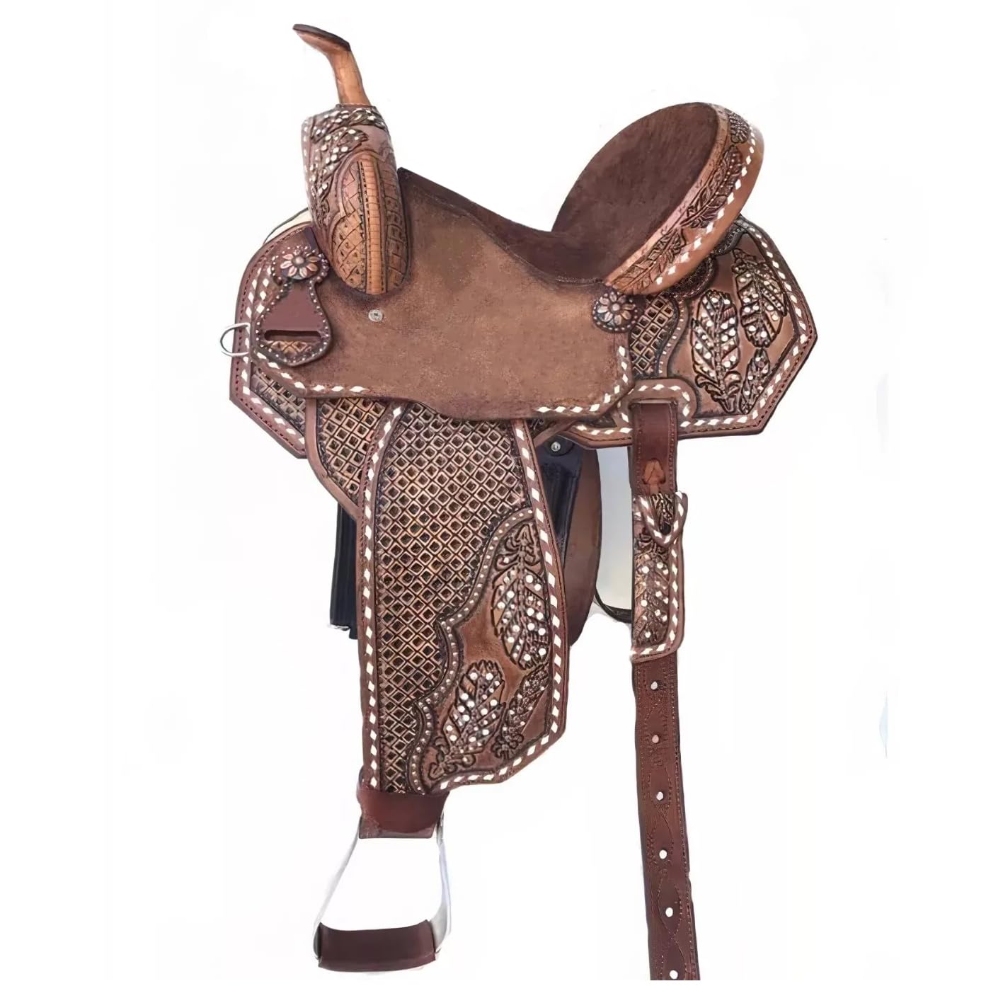 ST-221 - Set di sella per cavalli da corsa in pelle di alta qualità, con cuciture a fibbia, colore turchese, dimensioni della sella: da 30,5 cm a 45,7 cm