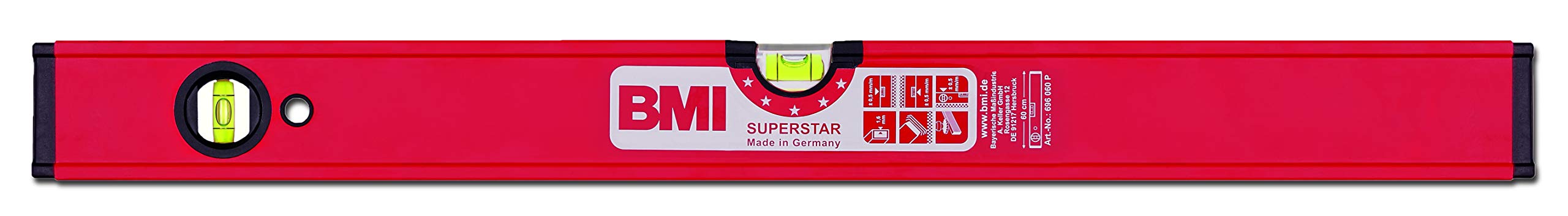 BMI 696120PM Poziomica z profilem aluminiowym Superstar z magnesem (długość 120 cm, powierzchnia malowana proszkowo, libelka pozioma, wysoka dokładność pomiaru 0,5 mm/m, z gumowymi nasadkami) 6960120PM, szara