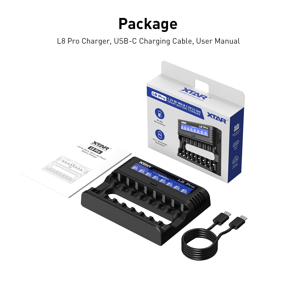 XTAR L8 Pro 8-Fach Ladegerät für AA/AAA 1,2V NiMH und 1,5V Li-Ion, USB-C Smart-Ladegerät mit LCD-Display, 8 Einzelschächte mit Refresh- und Reparaturfunktion